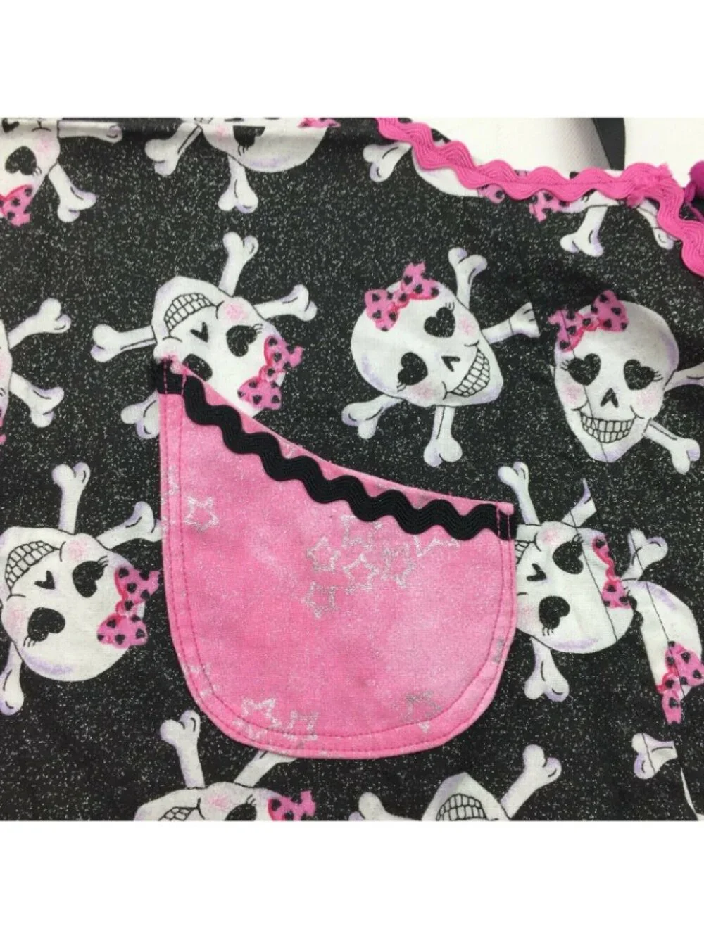Girls Baking Apron for Kitchen Punk Rock Skulls With Bows Pink Pom Pom Ribbon